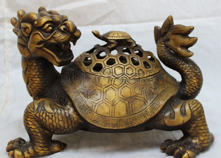 

song voge gem S4844 10" Folk Chinese Bronze Copper Dragon Turtle Statue Box Incense Burner Censer