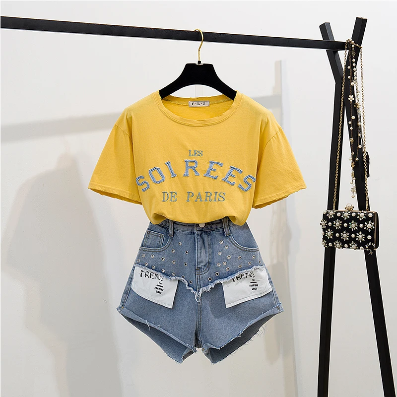 

New Fashion 2019 Summer Women Letter T-Shirt + Hollow out Design Denim Shorts Casual 2 pcs set Female suits A1140