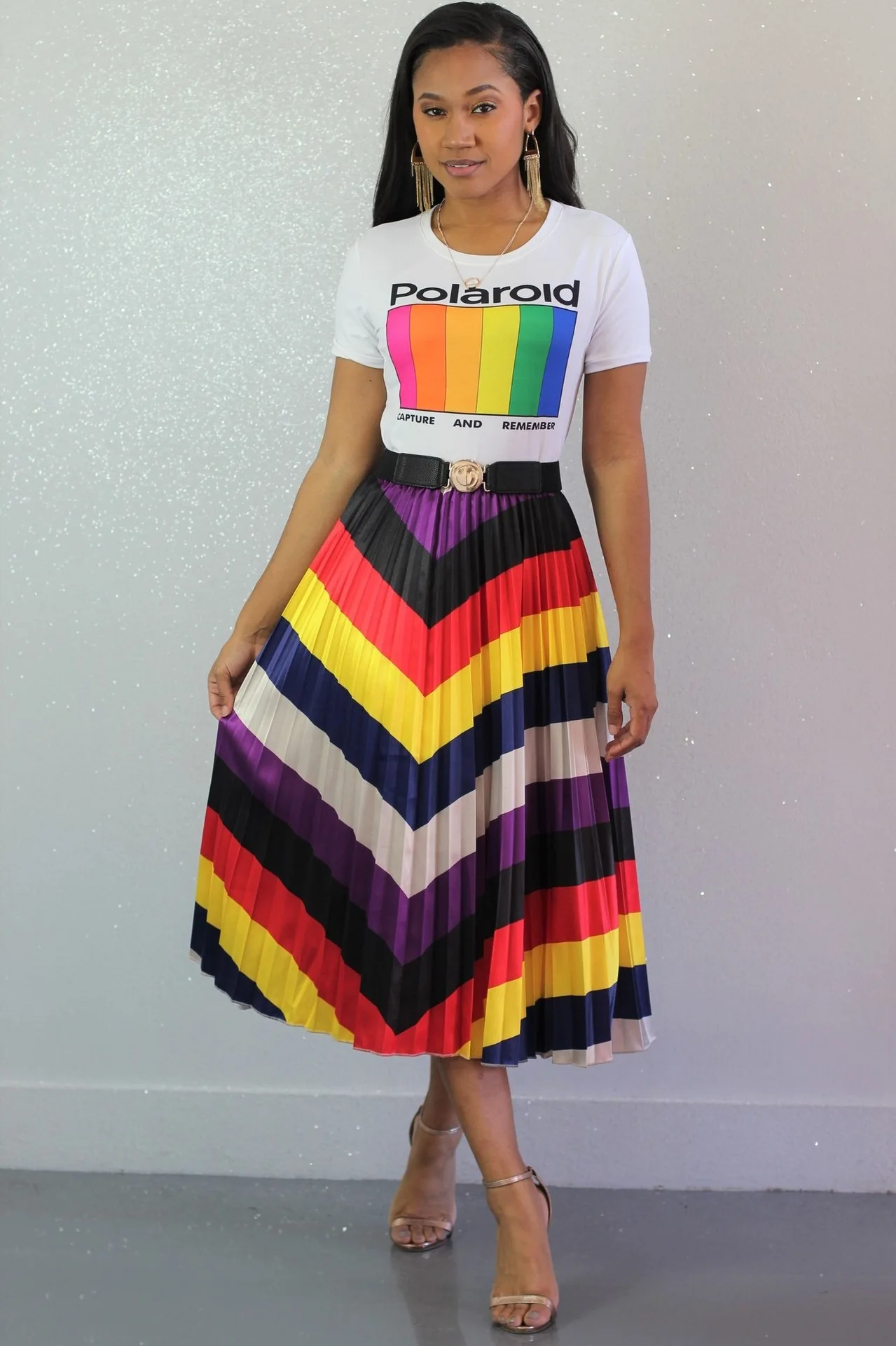 Для женщин в винтажном стиле Цветные Волны в полоску, с высокой талией, длина до середины голени плиссированные юбки; одежда для активного отдыха, модный костюм с юбкой из YZ1049