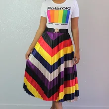 Для женщин в винтажном стиле Цветные Волны в полоску, с высокой талией, длина до середины голени плиссированные юбки; одежда для активного отдыха, модный костюм с юбкой из YZ1049