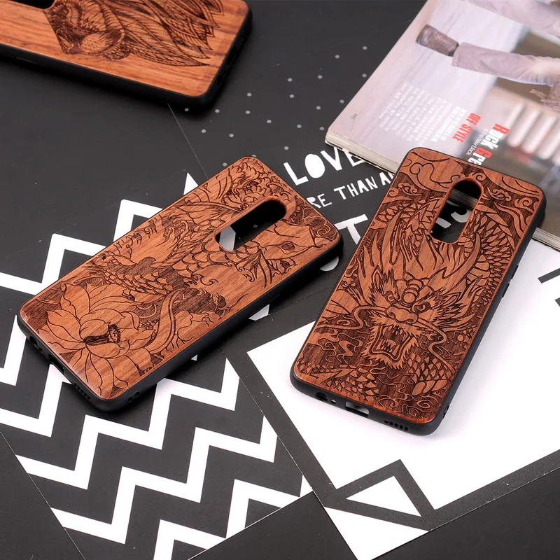 

YISHANGOU For One Plus 6 Cases Original Natural Wood Carving Embossed Back Cover For oneplus 6 Soft Silicon Frame Case For 1+6