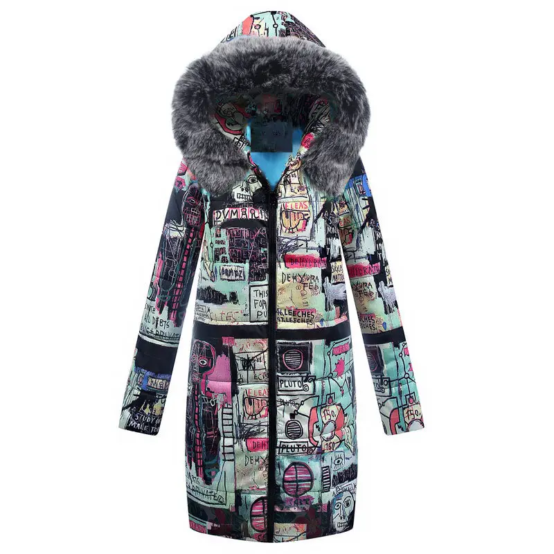2018 new letter designer women print black coat long sleeve slim hooded Parkas coat with fur collar Coats