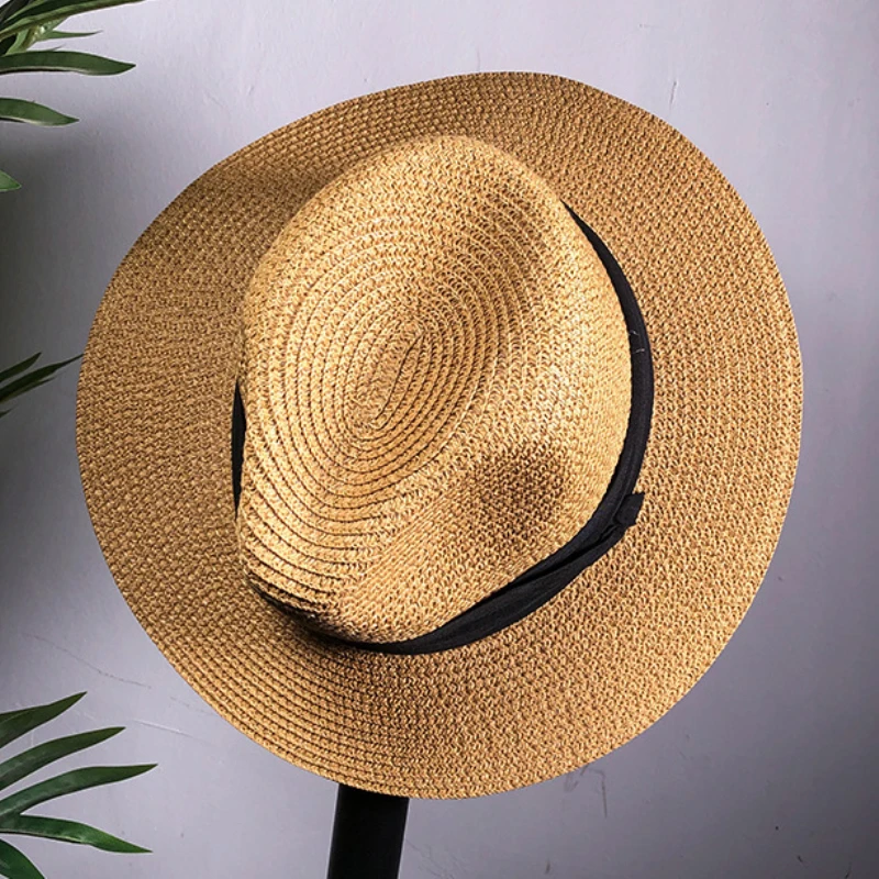 HT2299 Новая модная летняя шляпа от солнца однотонная черная полоса мужские женские шляпы-федоры Панамы широкие свисающие поля Соломенная пляжная шляпа для мужчин и женщин