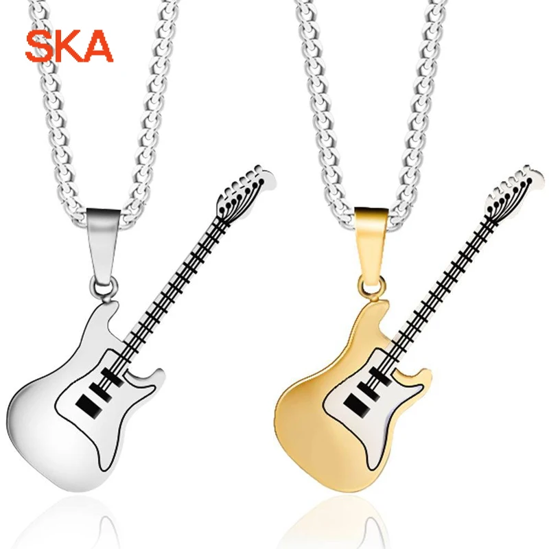 

SKA Brand New Design Men's Necklace Titanium Steel Guitar Shape 3 Colors Fashion Jewelry Pendant Necklaces For Men TN0109
