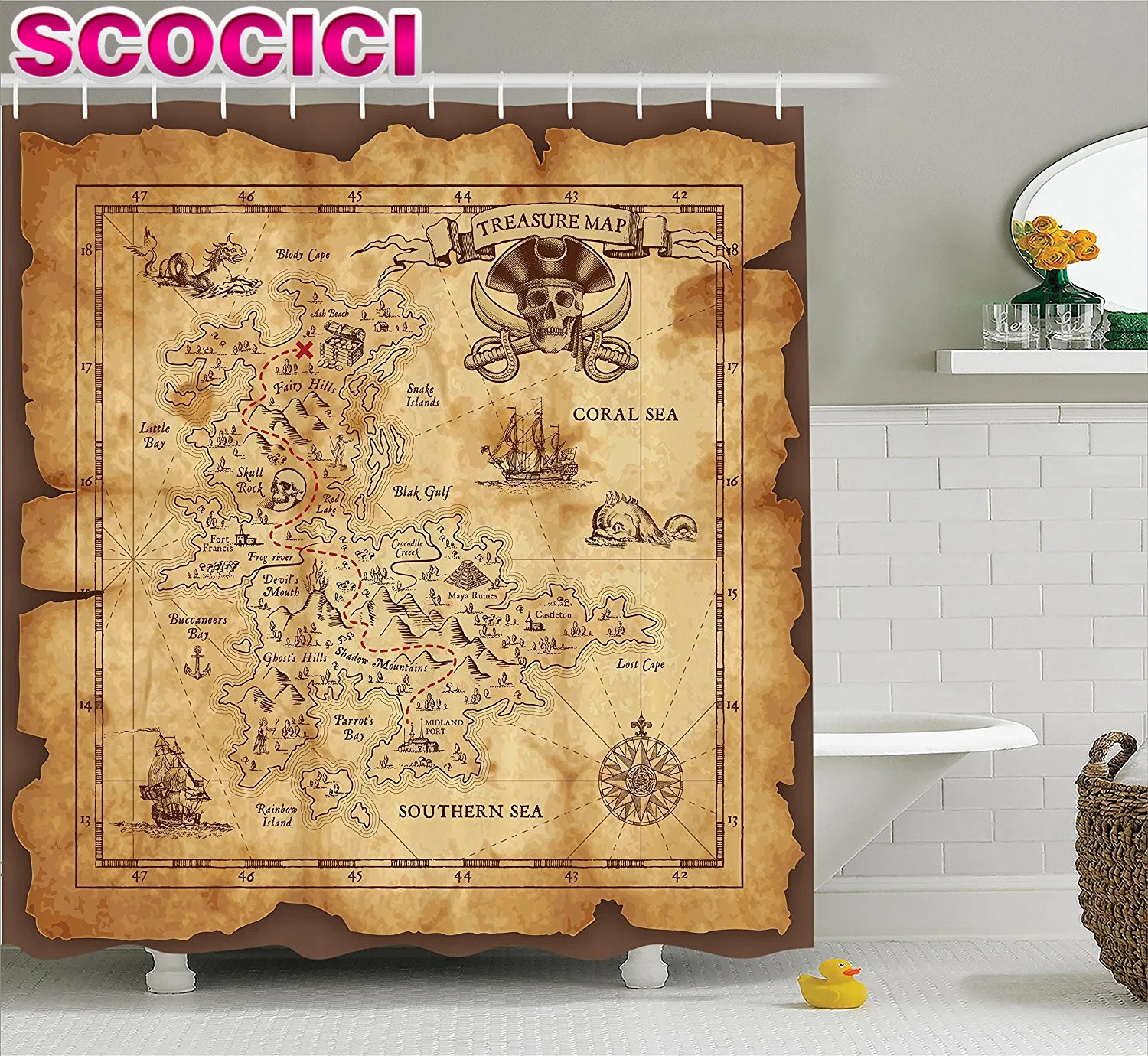 

Island Map Decor Shower Curtain Set Super Detailed Treasure Map Grungy Rustic Pirates Gold Secret Sea History Theme Bathroom Acc