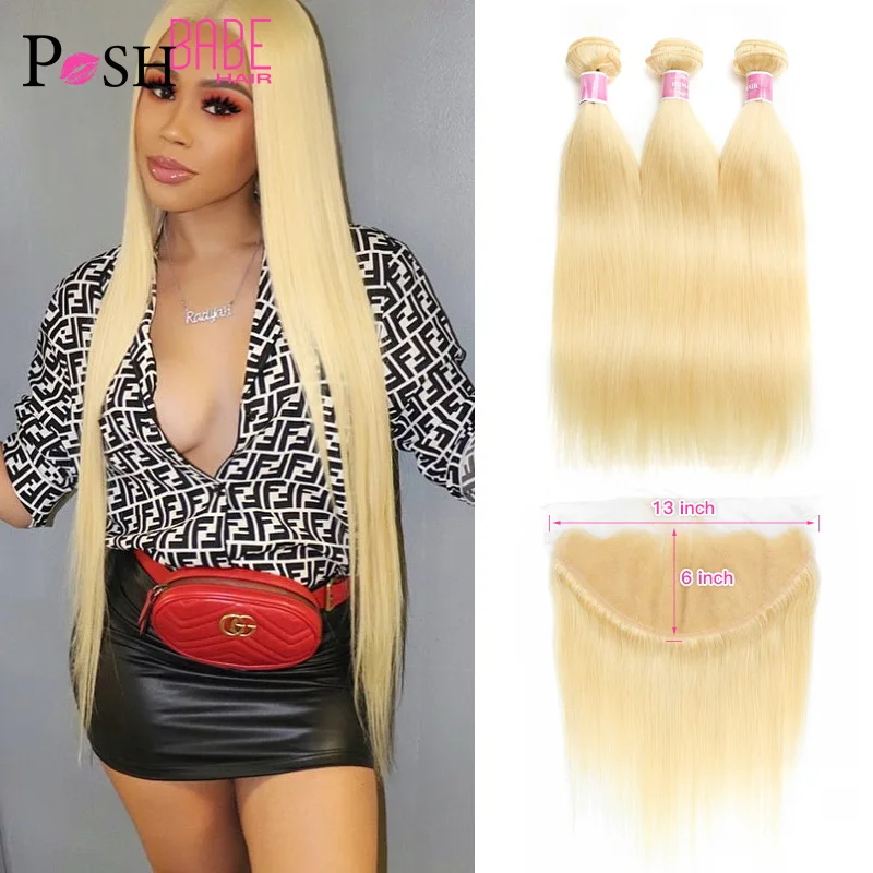 

613 Bundle with Frontal Honey Blonde Colored 13x6 Lace Frontal with Straight Human Hair Extensions 2 3 4 Brazilian Hair Bundles