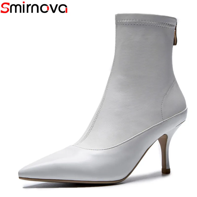

Smirnova wholesale 2018 hot fashion ladies boots black white pointed toe genuine leather ankle boots for women sexy dress shoes
