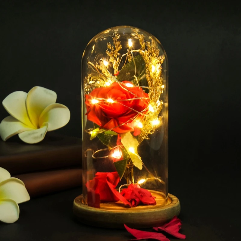

Enchanted Forever Rose Flower In Glass LED Light Wooden Base Wedding Decor Christmas Valentine's Festival Birthday Gifts-M35