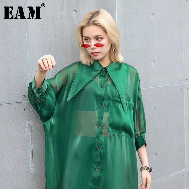 

[EAM] 2019 New Autumn Winter Lapel Long Sleeve Green Loose Perspective Sunscreen Big Size Shirt Women Blouse Fashion Tide JS583