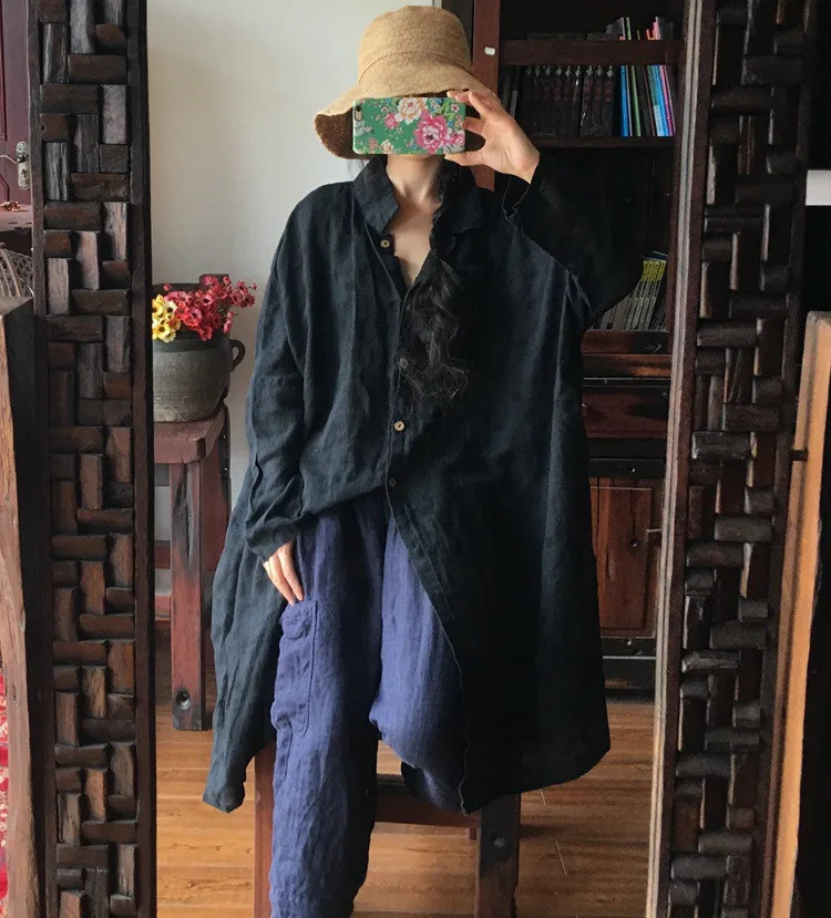 2019 Autumn Blouses Original Design Washing Color Weaving Pure Hemp Bats Sleeves Loose Retro Big Shirt Women Black N492 |