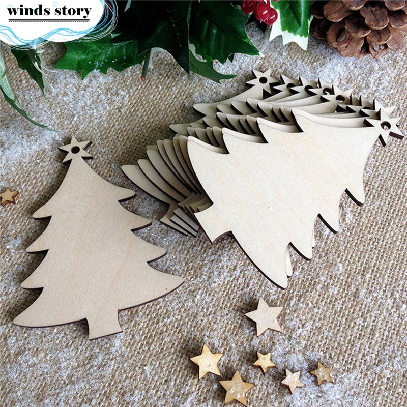 

10pcs/lot Chrismas Tree Wood Chips With Rope Ornaments Christmas Tree Scrapbooking Decor Home Shop Hanging Tags Crafts Gift