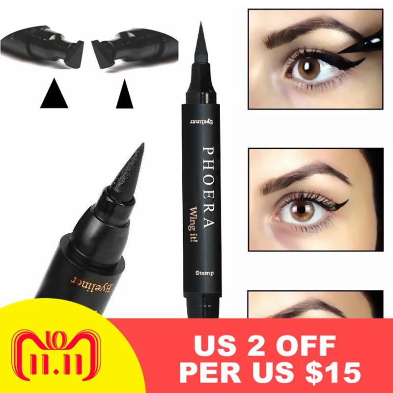 

PHOERA Long-lasting Antifouling Waterproof Eyeliner 2 in 1 Waterproof Double Liquid Eyeliner Stamp Easy to Wear Fast Dry TSLM2