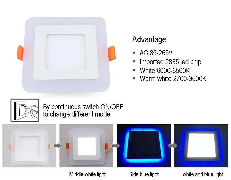 

3 Model Round Square blue+white double color Led Panel Light 6w/9w/16w/24W AC85-265V Recessed LED Ceiling downlight down lights