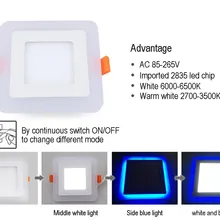 3 модели круглый квадратный синий+ белый двойной цветной светодиодный светильник 6 Вт/9 Вт/16 Вт/24 Вт AC85-265V Встраиваемый светодиодный потолочный светильник