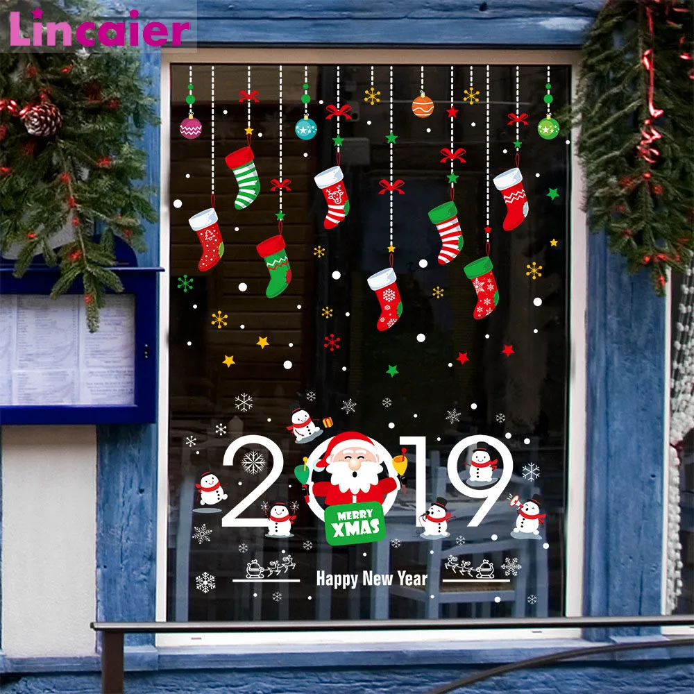 

Lincaier Happy New Year 2019 PVC Wall Stickers DIY Snow Eve Merry Christmas Decoration for Home 2018 Santa Claus Snowman Decor