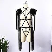 Харадзюку Отрегулируйте бюстгальтер без косточек с черными перьями и кисточками эполеты набор ремней для тела Готический бондаж жгут белье боди