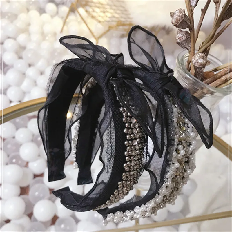 

Korea Lace Yarn Weaving Pearl Bead Knot Bow Hairbands Diamond Hair Accessories Hair Bows Flower Crown Headbands For Women 4