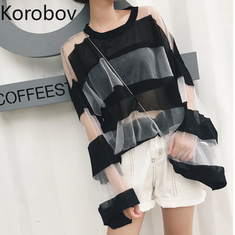 

Korobov Korean Oversize Knitwear Pullovers Summer Striped Patchwork Perspective Female Sweaters Hollow Out Sueter Mujer 78346