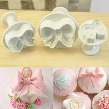 

Hot sale 3Pcs Bows Cookie Plunger Cutters Cake Molds Plastic Fondant Cake Icing Decorating Biscuit Cutter