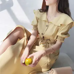 Женское платье 2019 летние винтажные платья до середины икры с высокой талией Корейская женская одежда пляжное платье MX19B1298