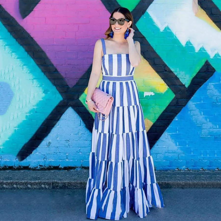 2018 Summer New Design Blue And White Stripe Dress Women Sexy Floor