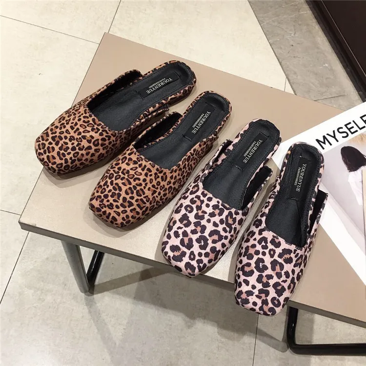 

loafer women spring closed toe Square Toe Wedges Slides allmatch wedge Low Fabric Leopard platform mule woman creeper leopard