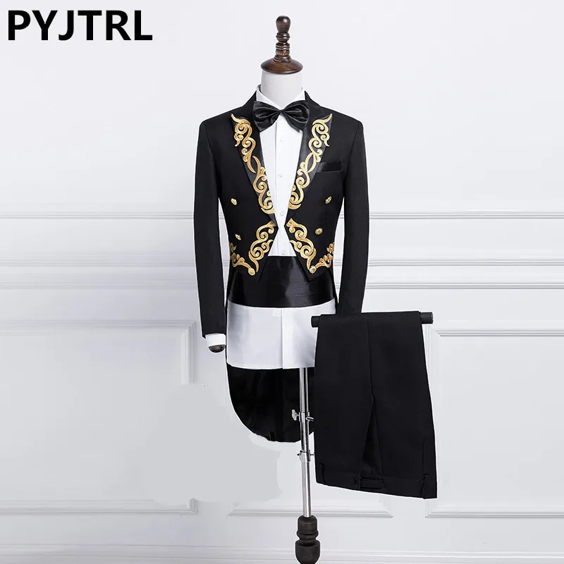 

PYJTRL New Male Gold Silver Embroidery Lapel Tail Coat Stage Singer Groom Black White Wedding Tuxedos For Men Costume Homme