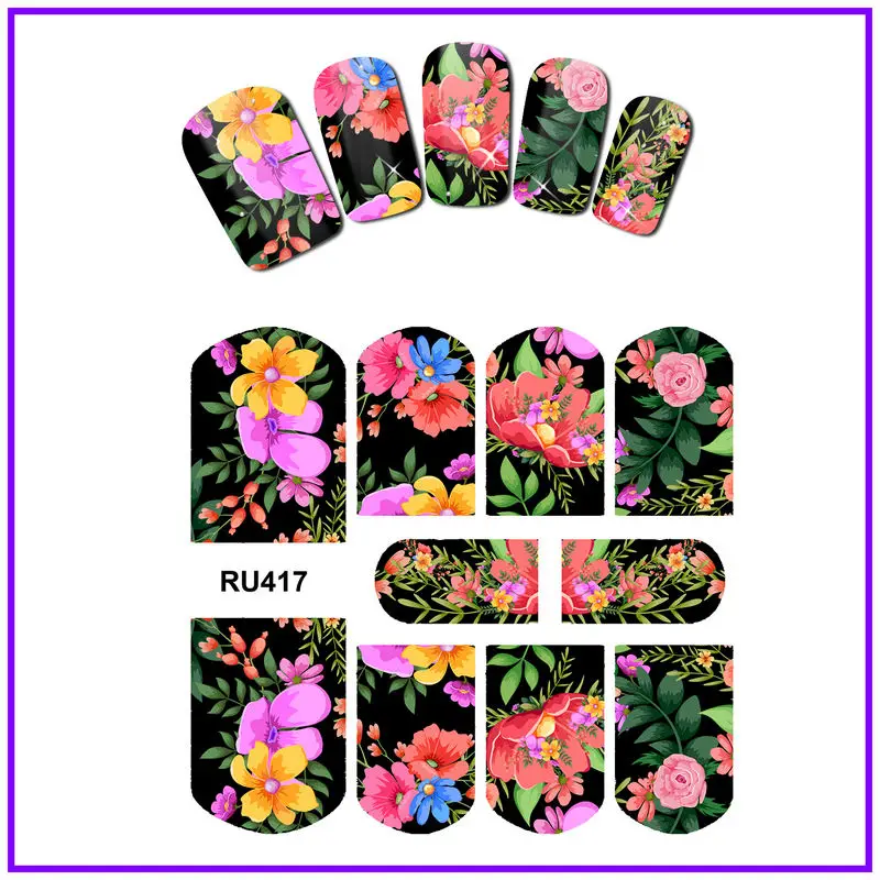 UPRETTEGO искусство ногтей Красота вода наклейка слайдер цветные наклейки на ногти розовый фиолетовый тропический цветок Любовь Сердце RU415-420 - Цвет: RU417