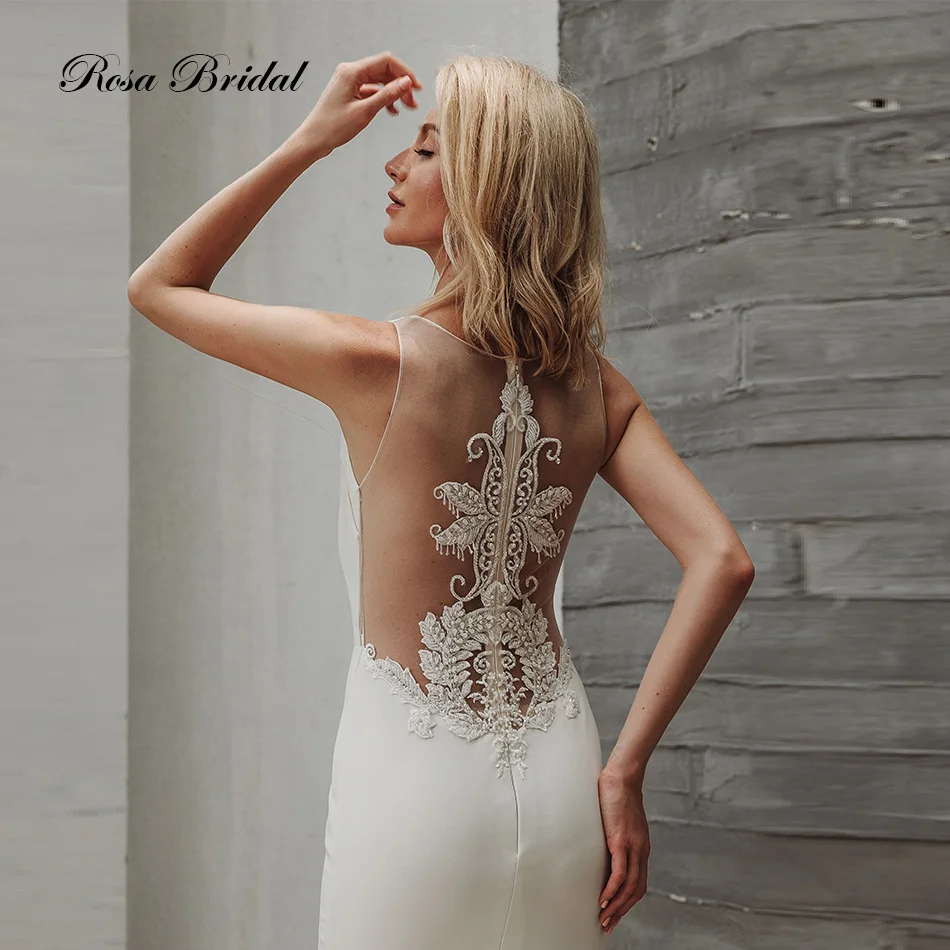 Rosabridal Mermaid Wedding Dress Chin Shin· elegant boat neck sleeveless satin Embroidery beading pattern with bare back