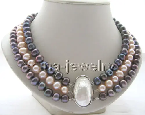 

shipping 19"3row 10mm natural black pink round freshwater pearl necklace