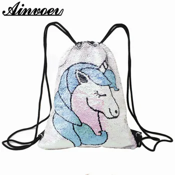 

Ainvoev Hot Sale Unicorn Flamingo Skull Cranial Head Cartoon Embroidered Sequined Bundle Pocket Women Drawstring Bag for Storage