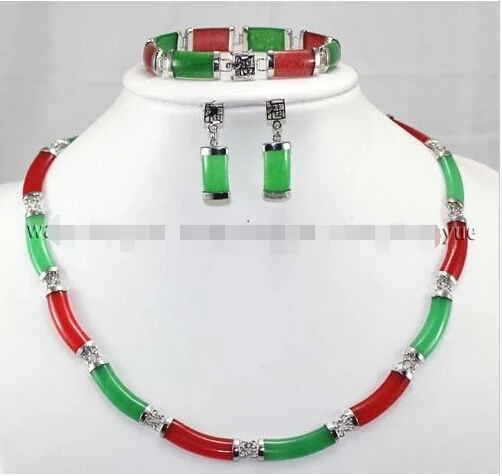 

FREE SHIPPING>>@> shipping Charming Red & Green Jade Link Necklace Bracelet earrings Set Natural jewelry
