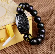10 MM de Alta Calidad Natural Negro Obsidiana Tallada de Buda de la Suerte Amuleto Granos Redondos de la Pulsera Para Las Mujeres de Los Hombres Pulsera Joyas de Jade