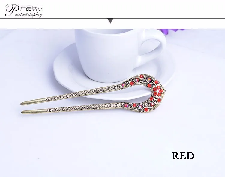 Retro Hair Jewelry Antique Bronze Plated Hairpins U shape Hair Sticks Women Rhinestone Flower Hair Accessories 14