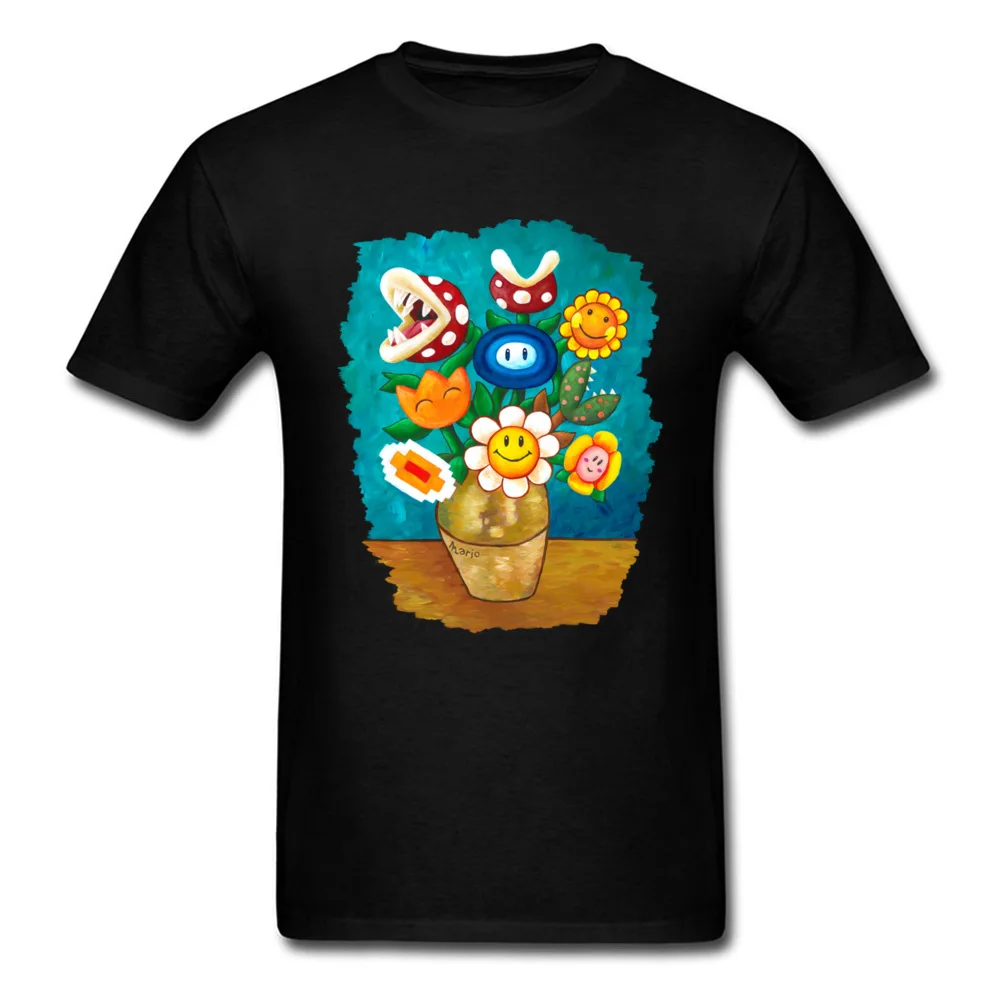 

Mario Van Gogh Flowers T-Shirt Men Black Tshirt Funny Gamer Design Clothing Super Mario Tops 80s Tees Cotton T Shirts