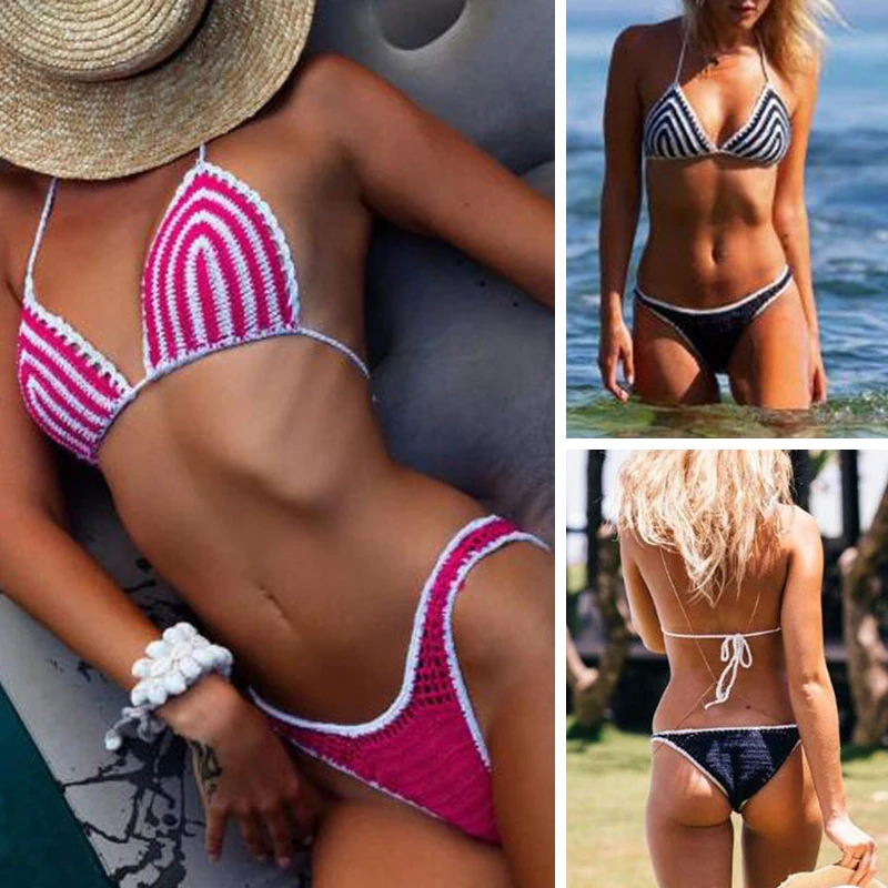 

New Striped Swimsuit Women High Waist Micro Bikini Set Crochet Trim Bikini Sets Two Pieces Swimwear 2019 Girl Sexy Swimsuits