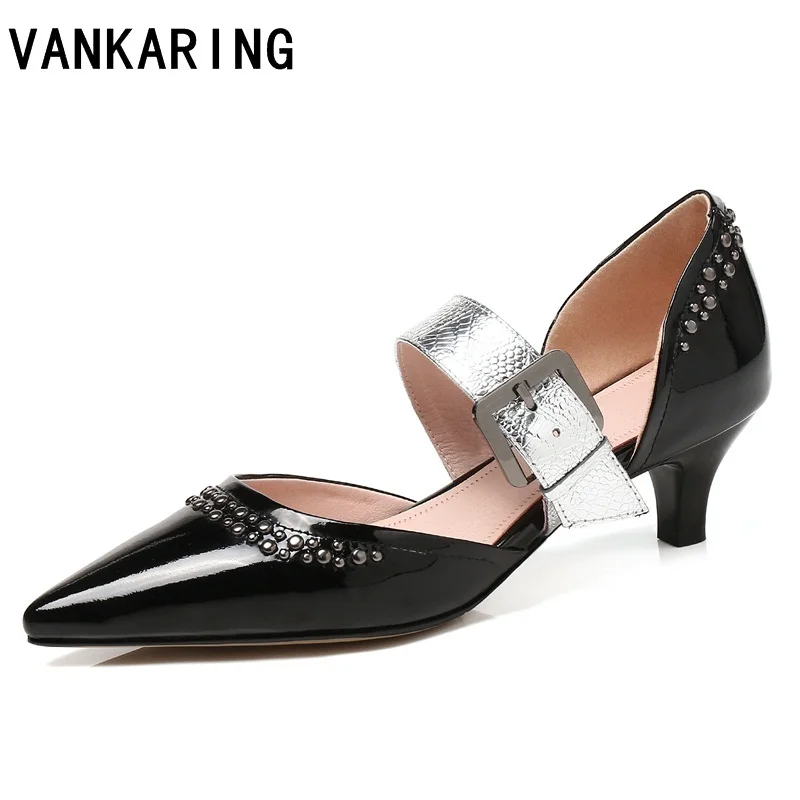 

VANKARING new 2019 spring summer fashion women pumps shoes med heels pointed toe rivets shoes woman dress party casual shoes