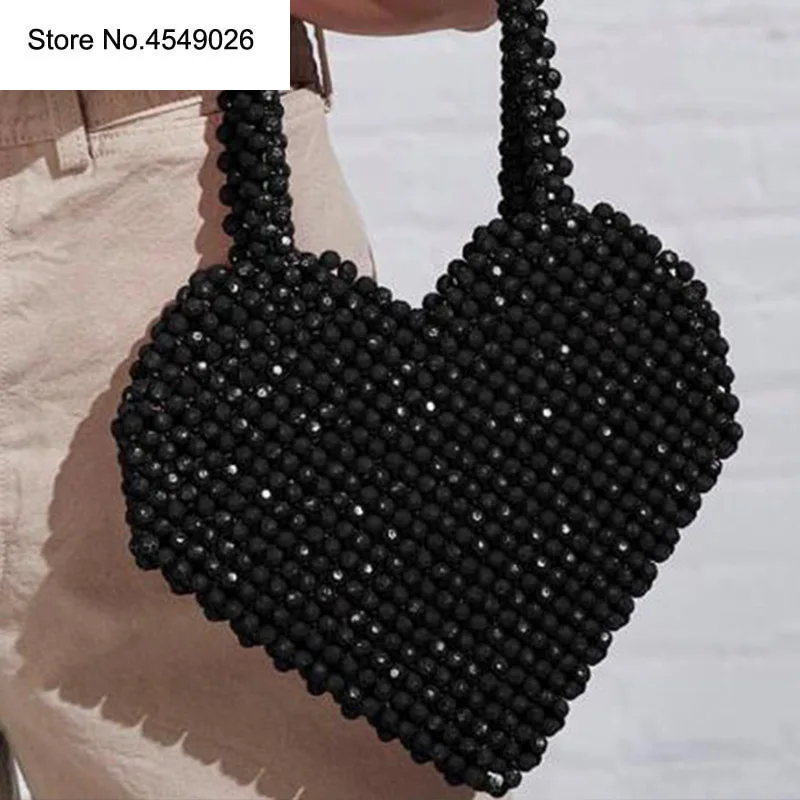 

2019 New Heart-shaped Beaded Bucket Handmade Ins Bag Designer Personality Purses and Handbags Hollow Out Women Bag