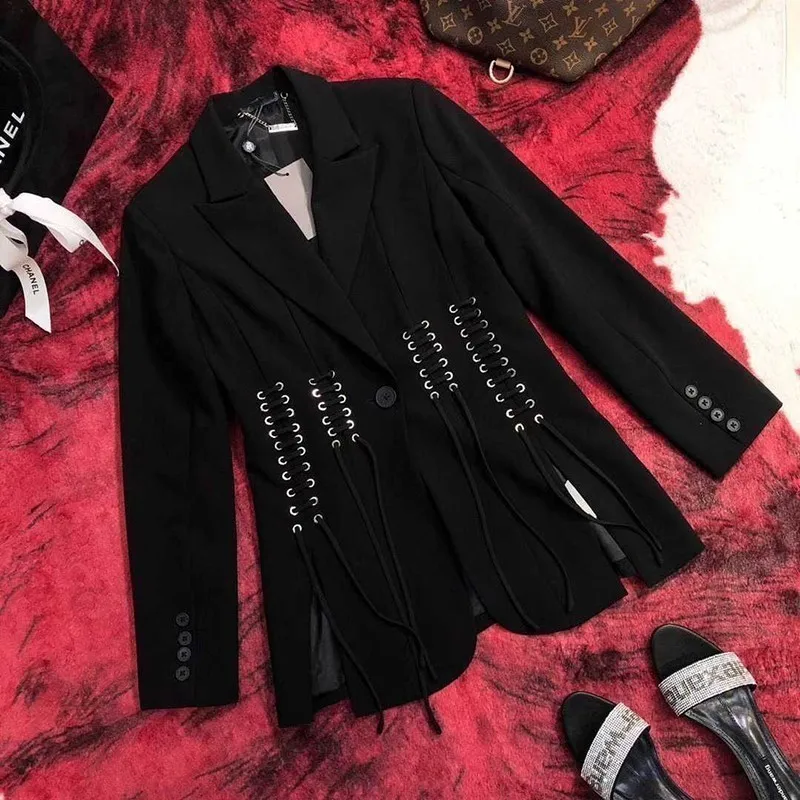 VGH Autumn Elegant Blazer For Women Lapel Collar Long Sleeve Bandages Split Slim Black Coat Female Fashion Clothes New