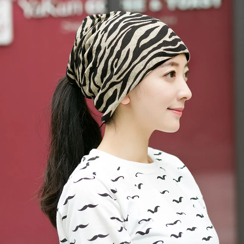 

Women's Winter Hats Zebra striped Pattern Beanies Scarf Knitted Hat Hip-hot Skullies girls Gorros ponytail beanie