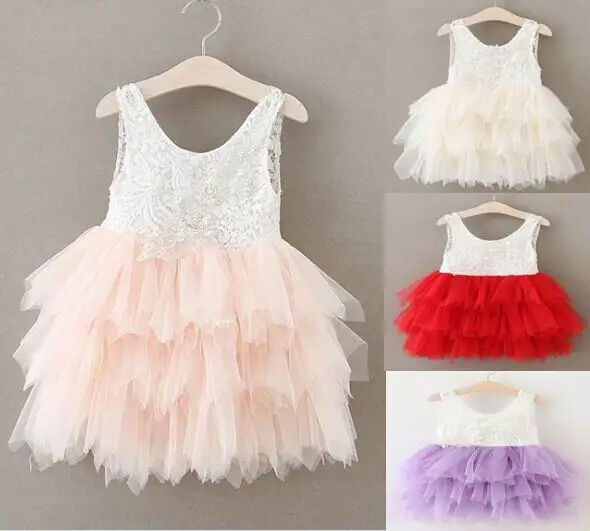 Summer New Girls Dresses Lace Gauze Princess Vest Dress Girl Party Sundress Layered Dress Children Clothing
