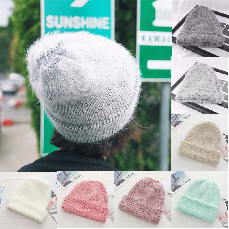 

Hot Rabbir Fur Women Hat Knitted Beanies Winter Warm Women Girls Thick Double Layer Wool Bonnet Homme Woman Knit Cap