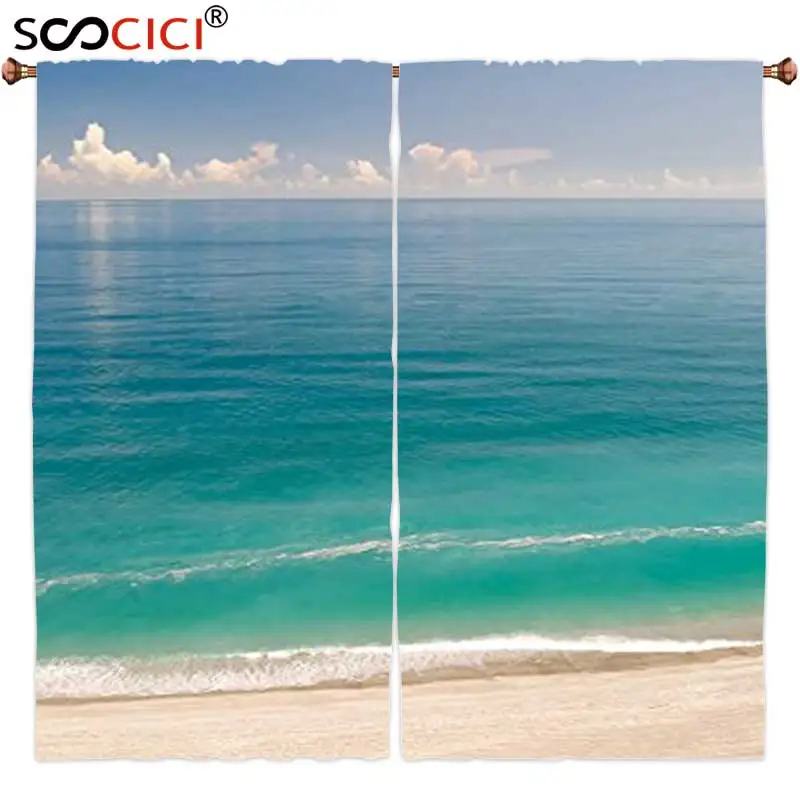 

Window Curtains Treatments 2 Panels,Ocean Decor Collection Quiet Tranquil Beach with Green Sea under Clear Sky Picture