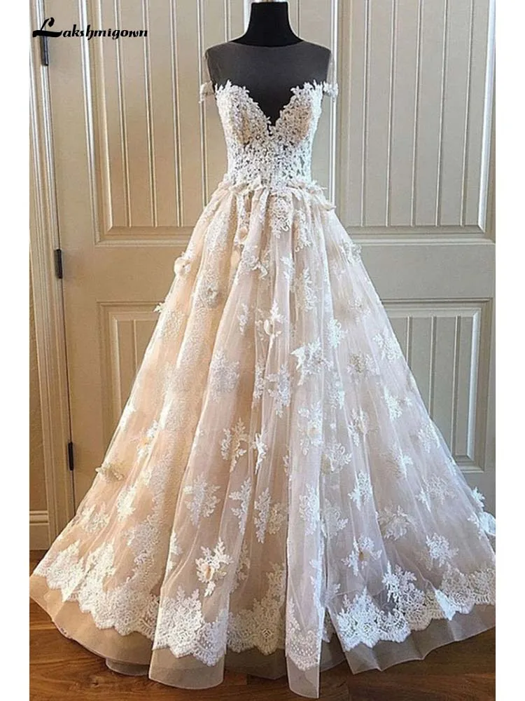 

Lace Champagne Wedding Dresses Bridal with Short Sleeves Bridal Gowns long A-line Wedding Gowns Vestido de Noiva
