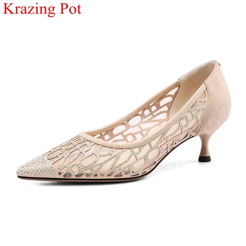 

2019 new arrivals flock crystal mesh shallow high heels pointed toe women pumps office lady elegant breathable summer shoes L10