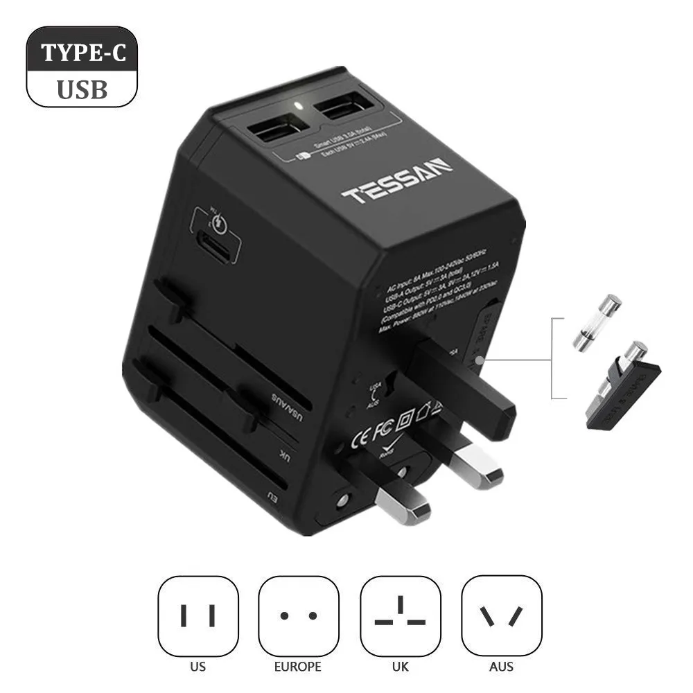 TESSAN все-в-одном Международный адаптер штепсельной вилки 3USB/2USB порты Tpye-C 3,0 порт-Универсальный адаптер переменного тока для США/ЕС/Австралии/Великобритании