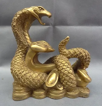 

Chinese Brass Year Zodiac Wealth YuanBao Full Coin RuYi Snake Head Statue Animal
