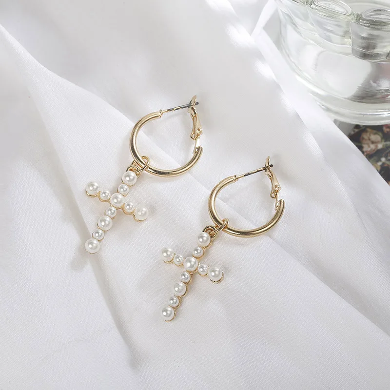 

New Fashion Women's Cross Drop Earrings White Imitation Pearl Dangle Earrings Women's Brinco Elegant Gift Jewelry Wholesale