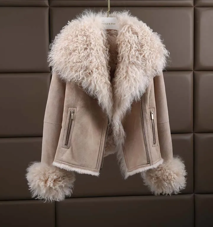 Новое поступление Роскошная Европейская американская зимняя модная женская куртка из натуральной овчины, шерстяная подкладка, Женская куртка XXL - Цвет: Слоновая кость