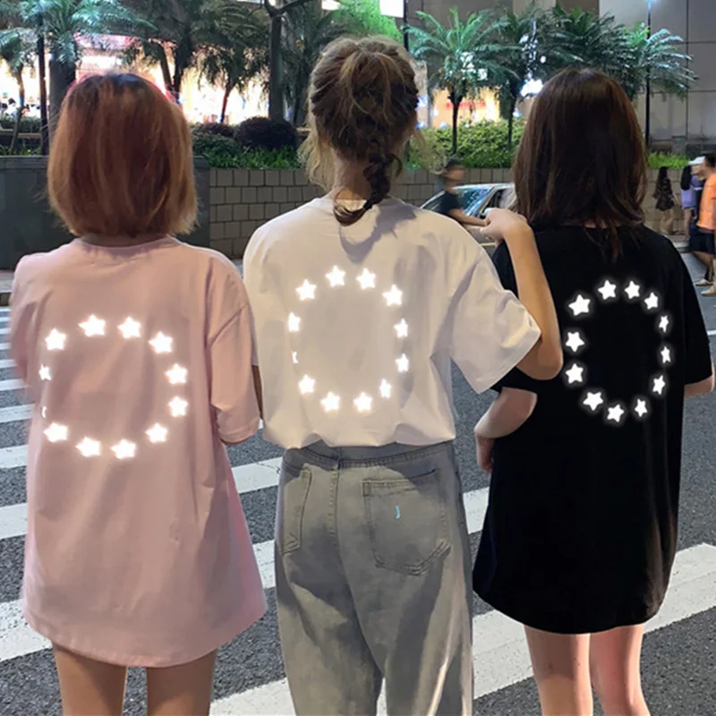 

T Shirt Women Summer Korean 2019 New Sweet Star Reflective T-shirt Short Sleeve Tops Shinny Light Fashion Clothes